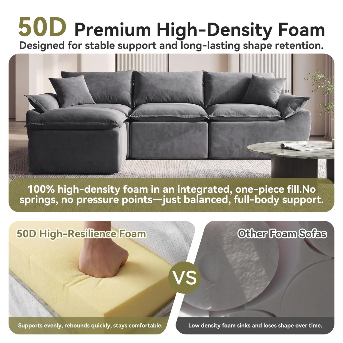 108" Modular Sectional Sofa, 3-Seater Cloud Couch with Moveable Ottoman, L-Shaped Boneless Sofa, Deep Seat Comfy Couches for Living Room Bedroom, No Assembly Required, Gray