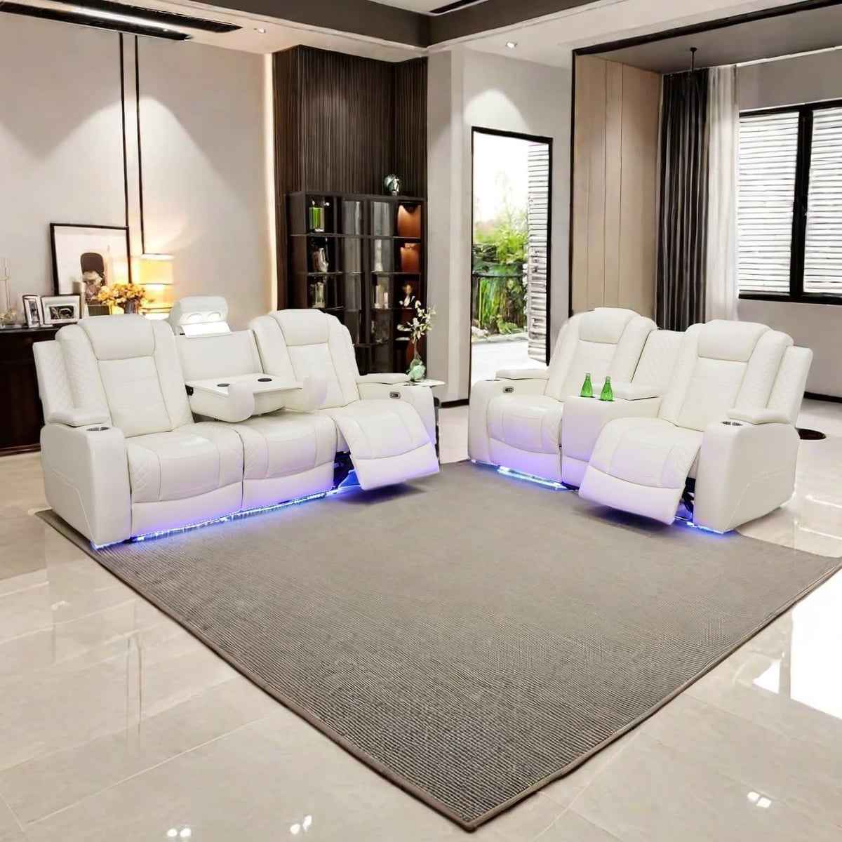 A Ainehome Power Leather Recliner Sofa Set with LED Lights, Recliner Sofa Sectional Couches for Living Room, Reclining Sofa, loveseat, Chair with USB Port/Storage Console/Cup Holder(black,3-piece set)
