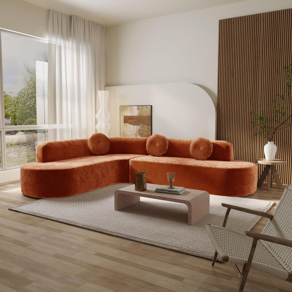128" Cream White Chenille Upholstered Oversized Cloud Couch with Chaise for Living Room, Curved Corner Design, High-Density Foam, Deep Seating, No Assembly