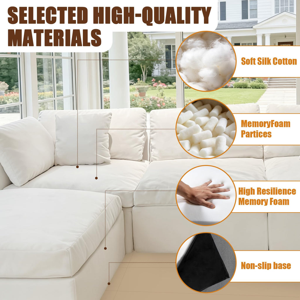 112.5" Cloud Couch Sectional, No Assembly Required Modern Modular Sectional Couches for Living Room, White Chenille L-Shaped Sofa with Ottoman & Pillows, 1200LBS Capacity, Apartment Friendly