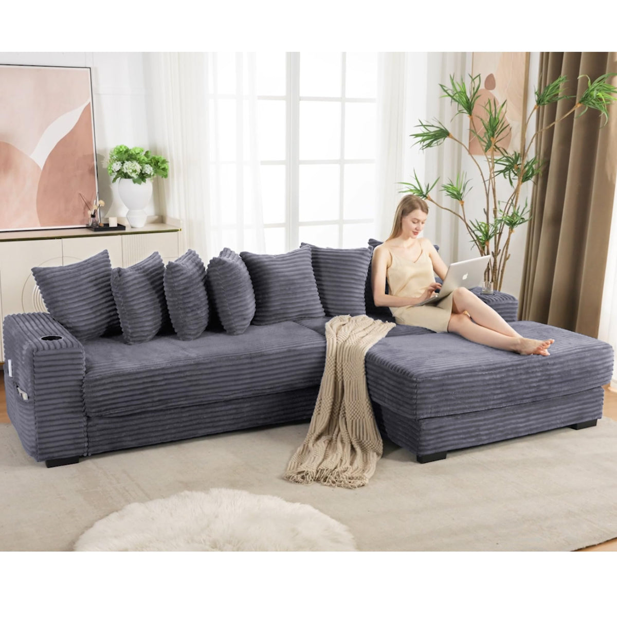110.75" Modular L Shaped Sofa, Corduroy Fabric Sectional Couch,with a Movable Footstool, Cup Holders,Bring 8 Throw Pillows,Side Pocket,Unfold into a Bed,Dark Gray JZ993