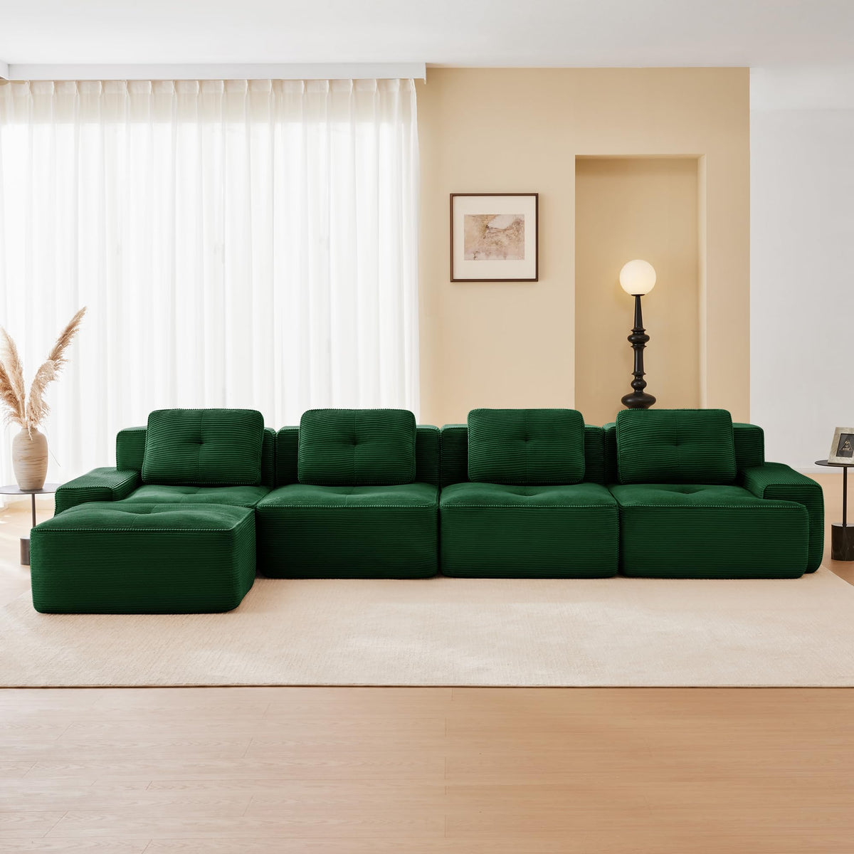 115.3” Camel Boneless Couches for Living Room, Modular Sectional Sofa with L-Shape Chaise, 3 Seater Comfy Upholstered Deep Seat Corduroy Fabric Cloud Couch No Assembly, Anti-Slip Design