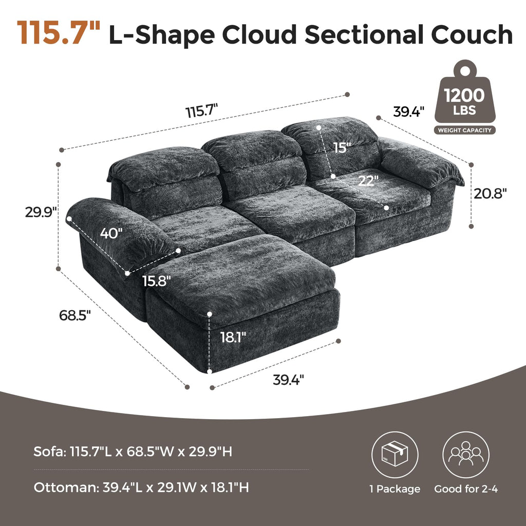 115.7" L Shaped Modular Sectional Sofa with Ottoman, Cloud Boneless Couch, Upholstered Sofa in a Box, Flexible Module Combination for Living Room, No Assembly, Grey