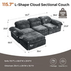 115.7" L Shaped Modular Sectional Sofa with Ottoman, Cloud Boneless Couch, Upholstered Sofa in a Box, Flexible Module Combination for Living Room, No Assembly, Grey