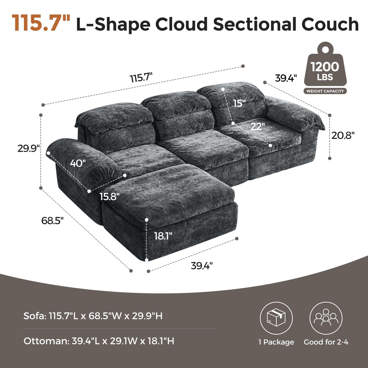 115.7" L Shaped Modular Sectional Sofa with Ottoman, Cloud Boneless Couch, Upholstered Sofa in a Box, Flexible Module Combination for Living Room, No Assembly, Grey