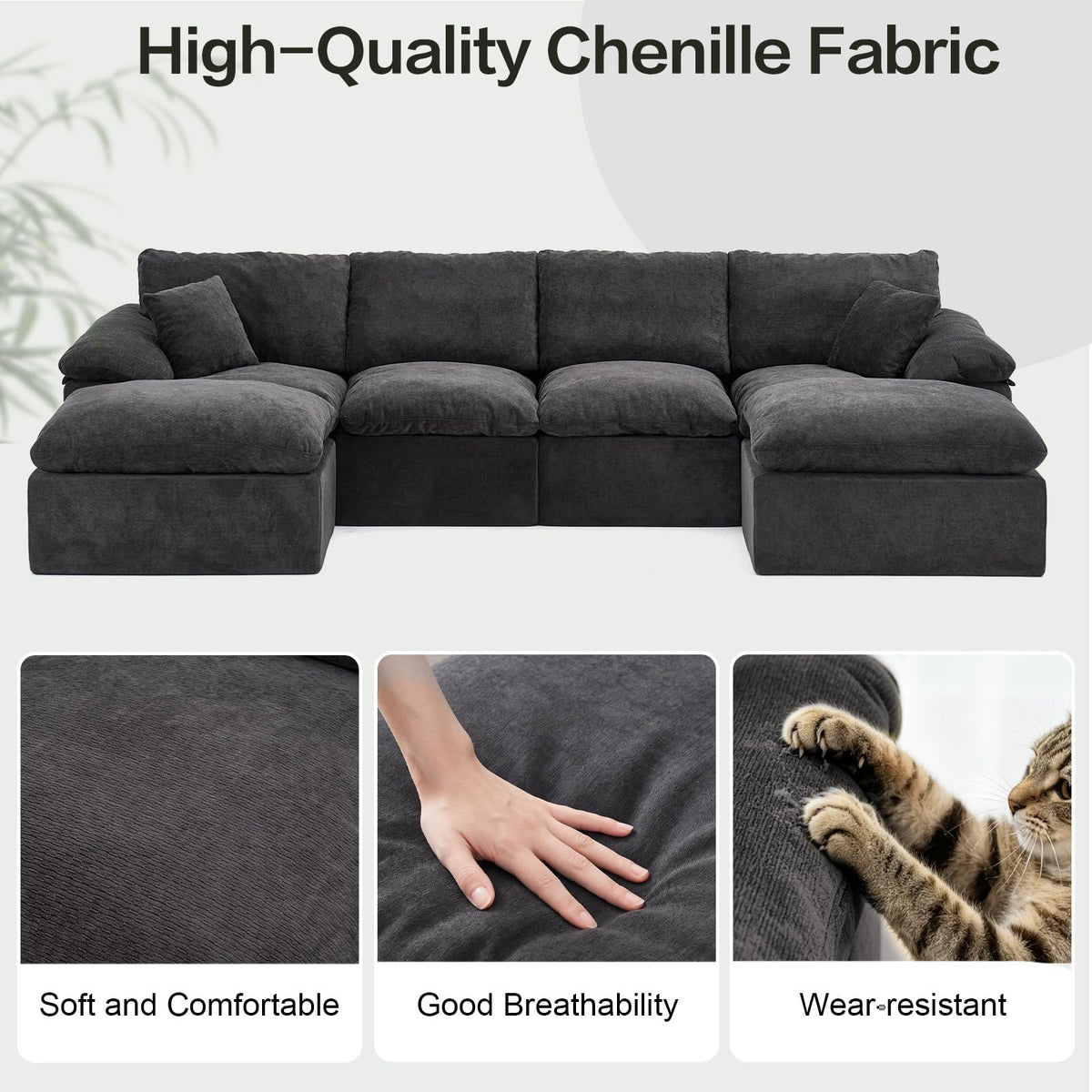 130" Oversized Boneless Sofa, Movable Ottoman, Chenille, No Assembly, Black