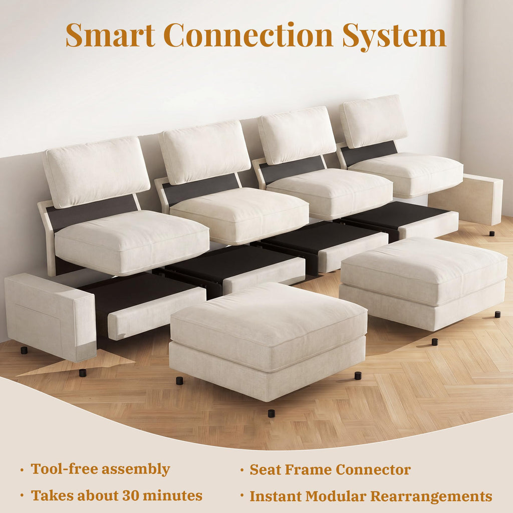 Vipbear 148" Modular Sectional U Shaped Sofa Couches,for Living Room,Oversized Cloud Couch with Movable Ottoman,Comfy Chenille Sofa with Pillow,Side Pockets,Bedroom,Apartment,Beige