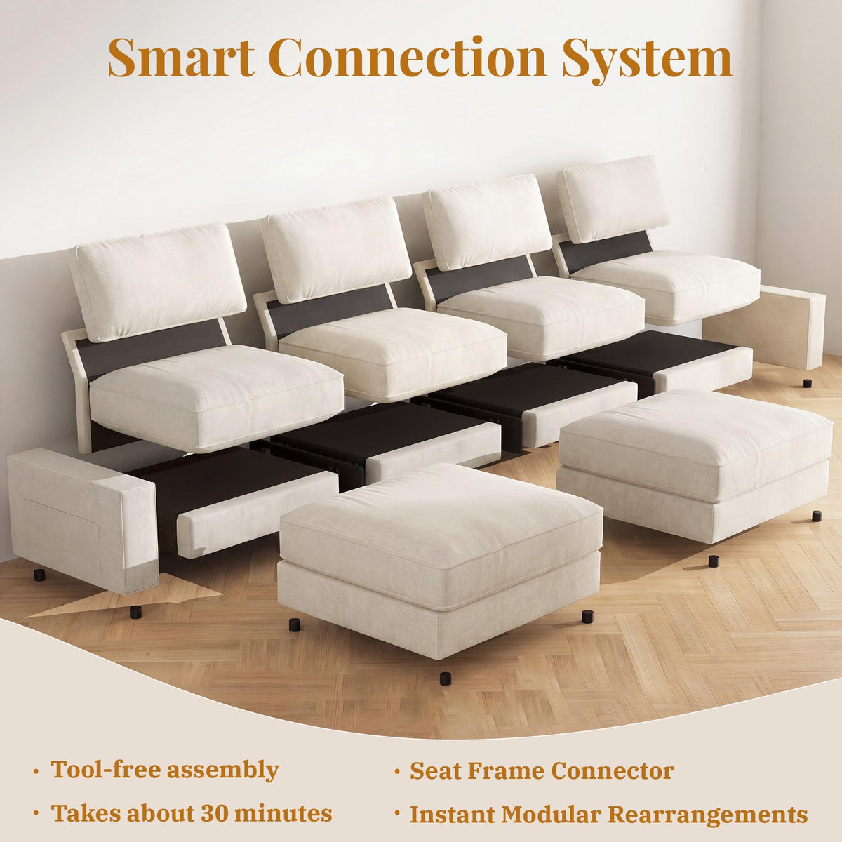 Vipbear 148" Modular Sectional U Shaped Sofa Couches,for Living Room,Oversized Cloud Couch with Movable Ottoman,Comfy Chenille Sofa with Pillow,Side Pockets,Bedroom,Apartment,Beige