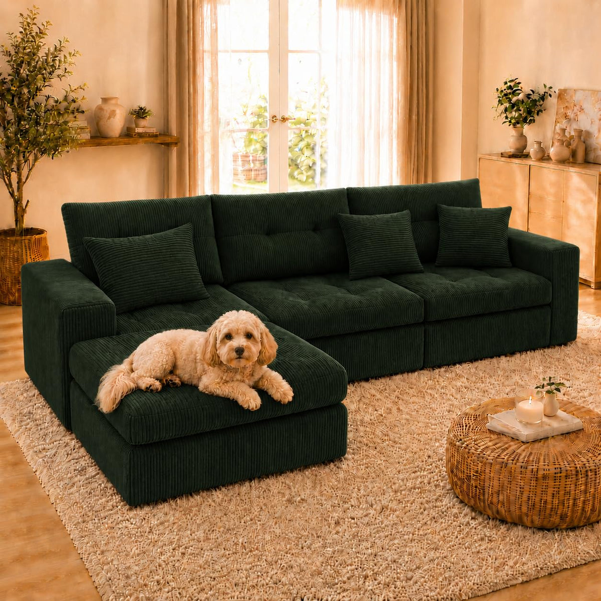 113.4 in Modular Corduroy Sectional Sofa, Green