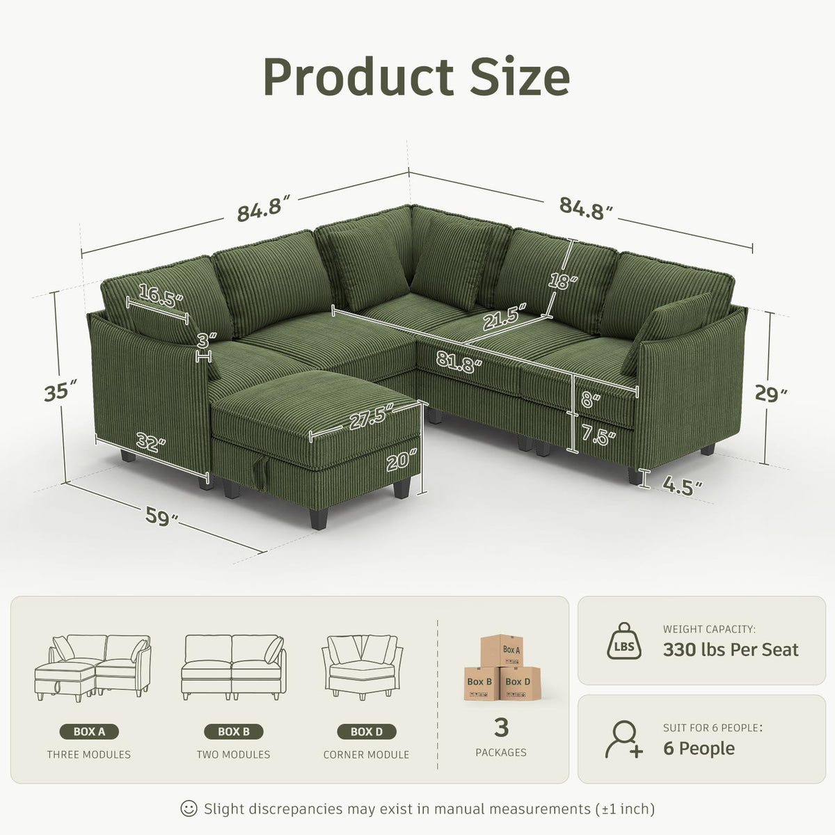 WorthFurni 84.8" Modular Sectional Sofa, 6 Seater Corner Sofa Modern V-Shaped Couch with 1 Storage Ottoman, Comfortable Corduroy Sofa with Throw Pillows for Living Room, Apartment, Green