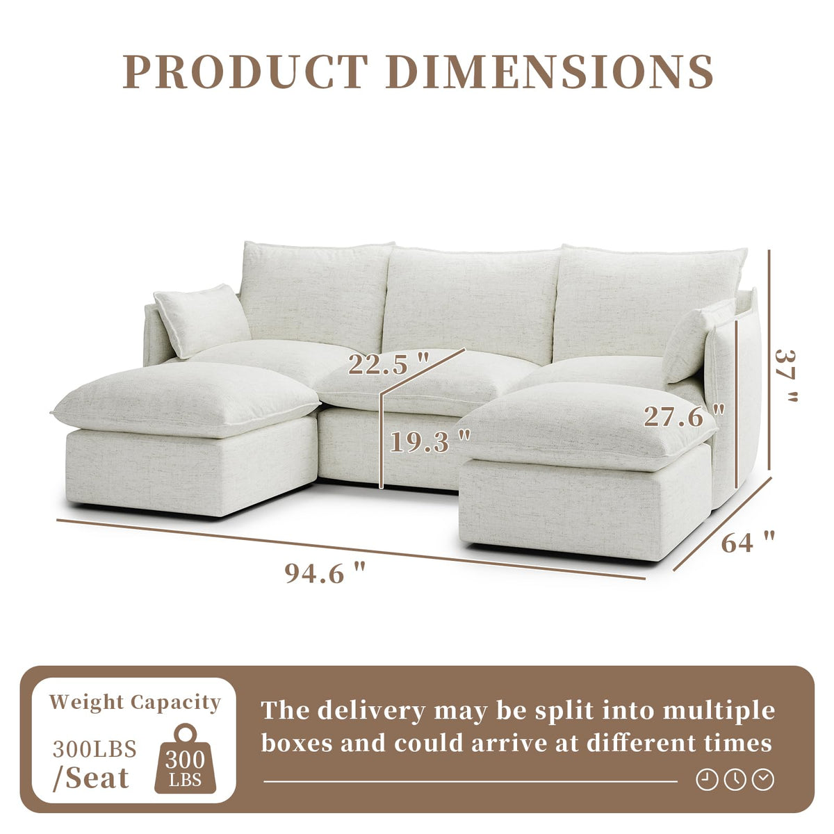 Waterproof Cloud Sectional Couches for Living Room,High Backrest Down Filled Couch,5 Seater Oversized Modular U-Shaped Sofas,Detachable Sofa Covers,Cream White