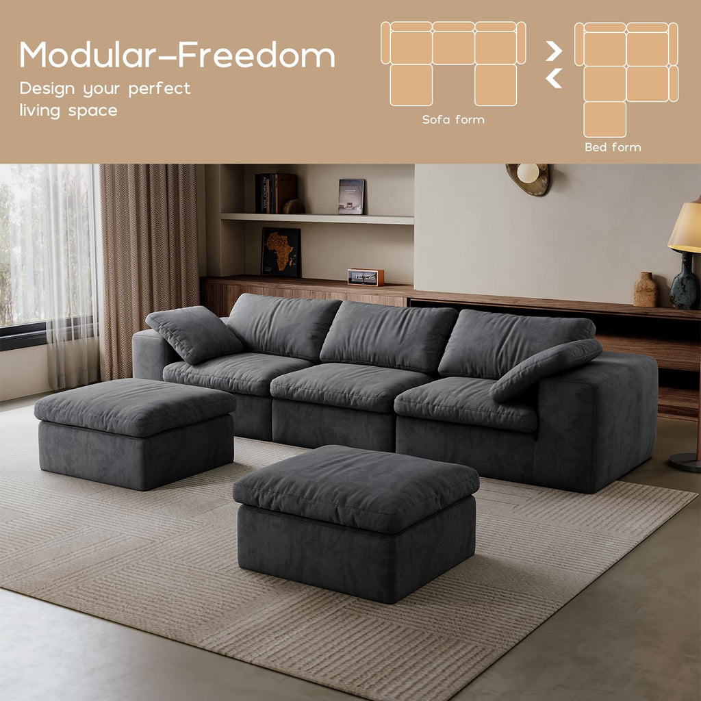 118'' Modular Cloud Couch, 3-Seater Boneless Sectional Sofa with 2 Ottoman