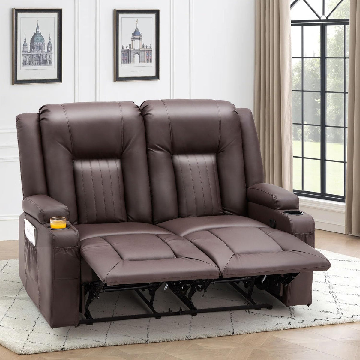 YODOLLA Reclining Loveseat Sofa with Dual Center Console, 4 Cup Holders, 2 Side Pockets, Manual Wall Hugger Recliner Couch for RV and Living Room, Faux Leather Brown