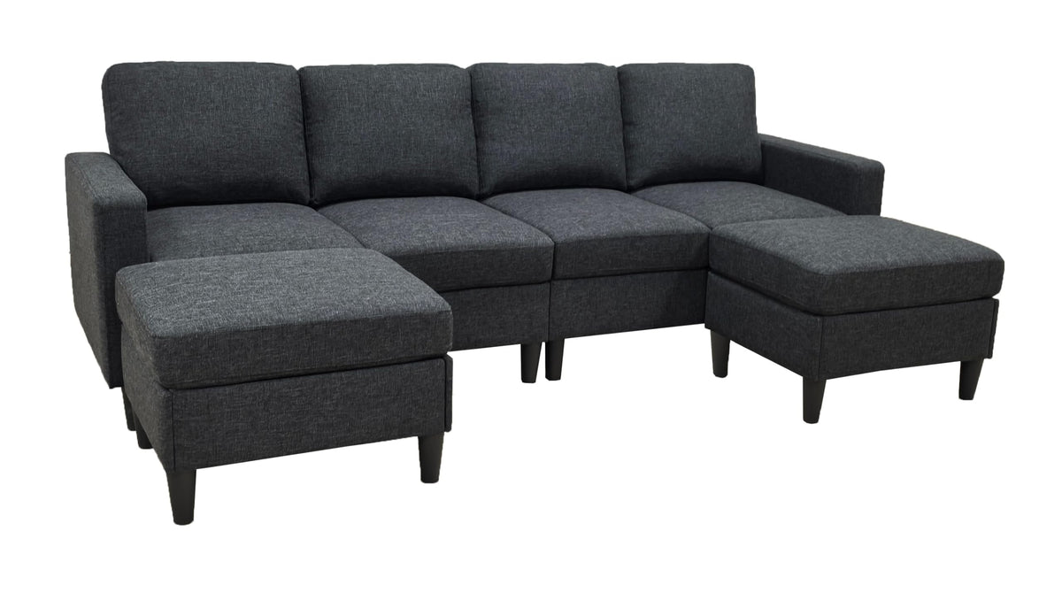 Tidyard Linen Upholstered Modular Sectional Sofa with 2 Ottomans, Grayish Black, Tall Legs, Easy Assembly, No Tools Required