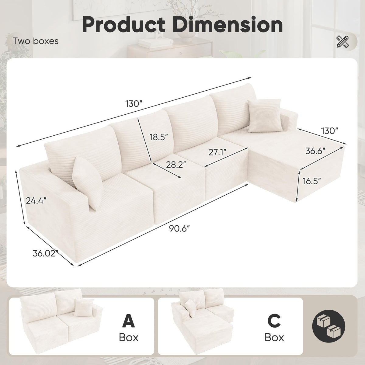 YESHOMY 130" Boneless Couches for Living Room, Modular L-Shaped Sectional Sofa with Comfy Seats and Ottoman, Modern Cloud Couch with Oversized Chaise, No Assembly Required, Cream