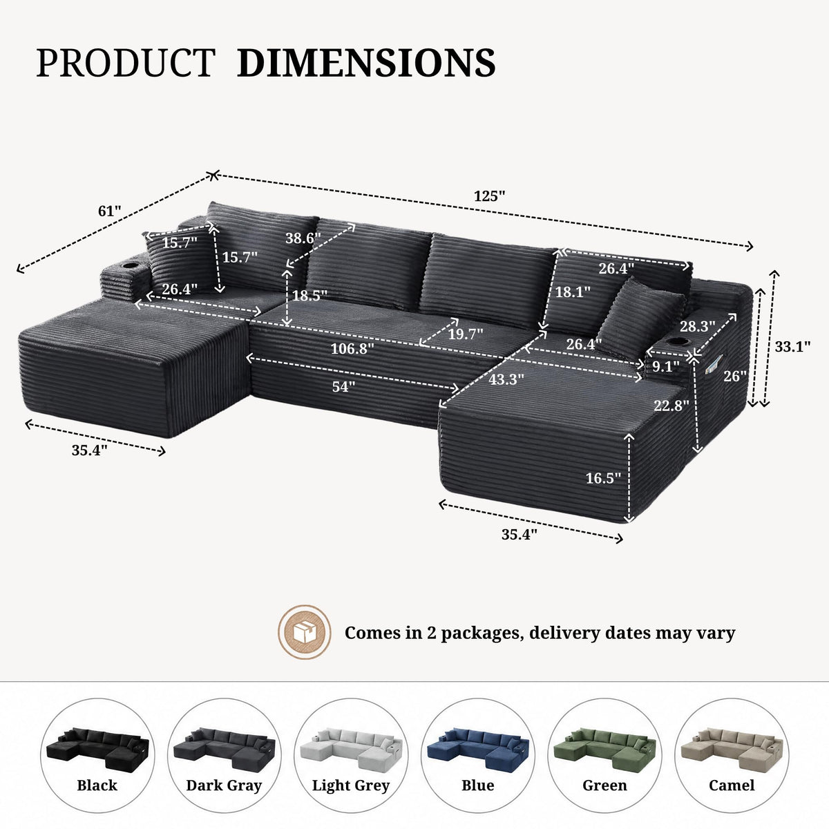 125" Cloud Sectional Boneless Couch for Living Room, Modular U Shaped Sofa