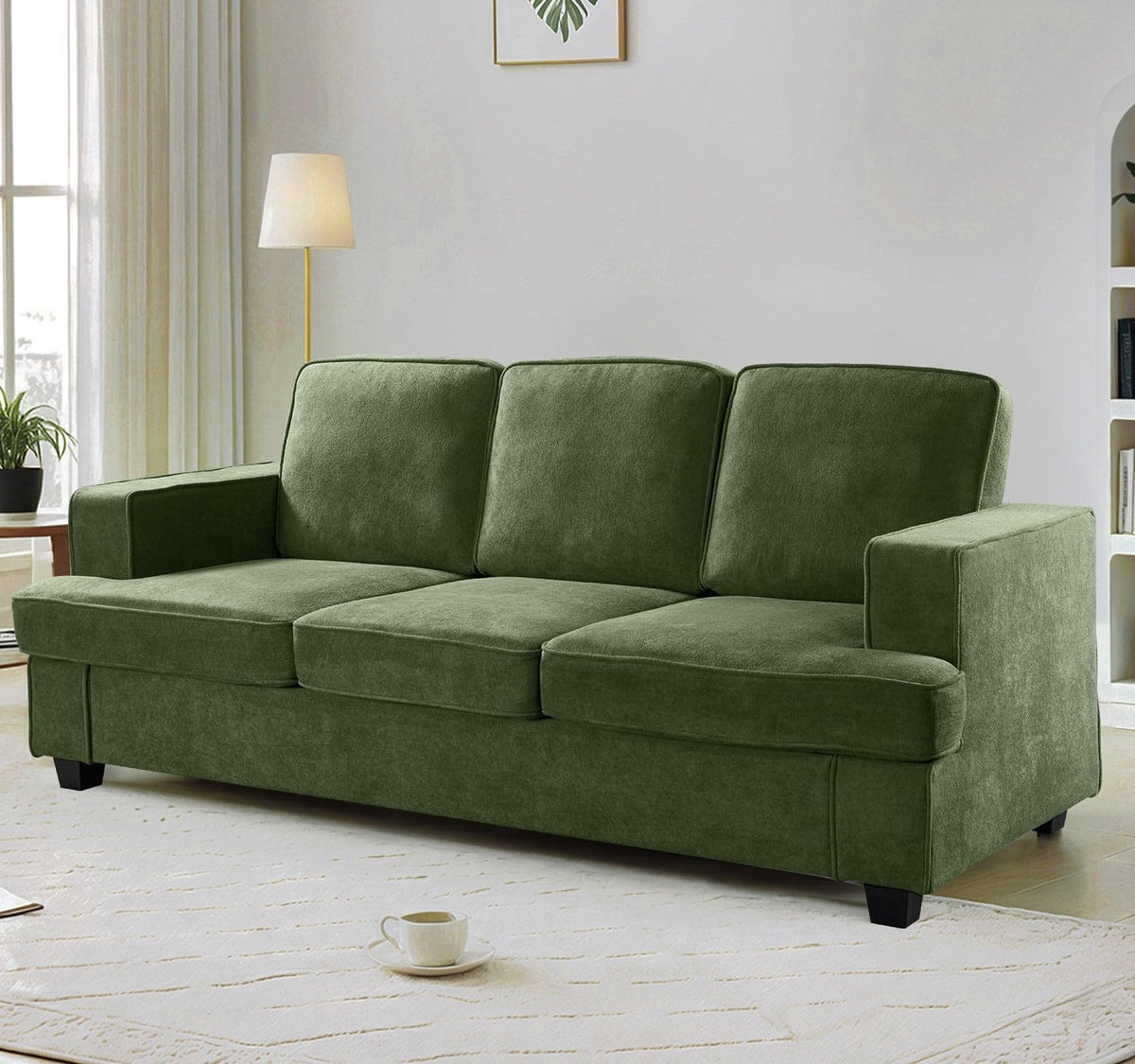 Velvet Sofa, Comfortable 3 Seater Couch with Deep Seating and High Density Foam, Loose Back Cushions, Wide Arms, Livingfor Home, Apartment, Office, Green