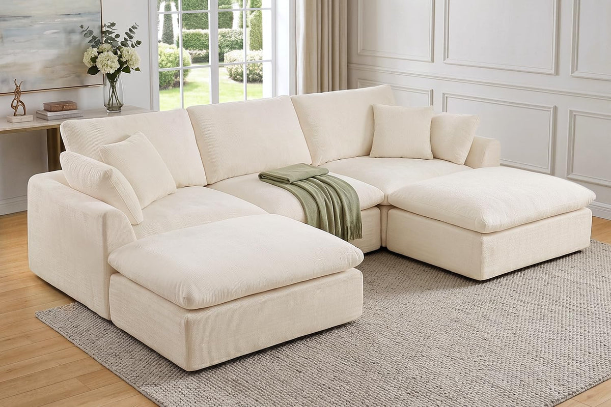 127" Cloud Sofa, U-Shape 3-Seater Modular Couch with 2 Ottomans, Black