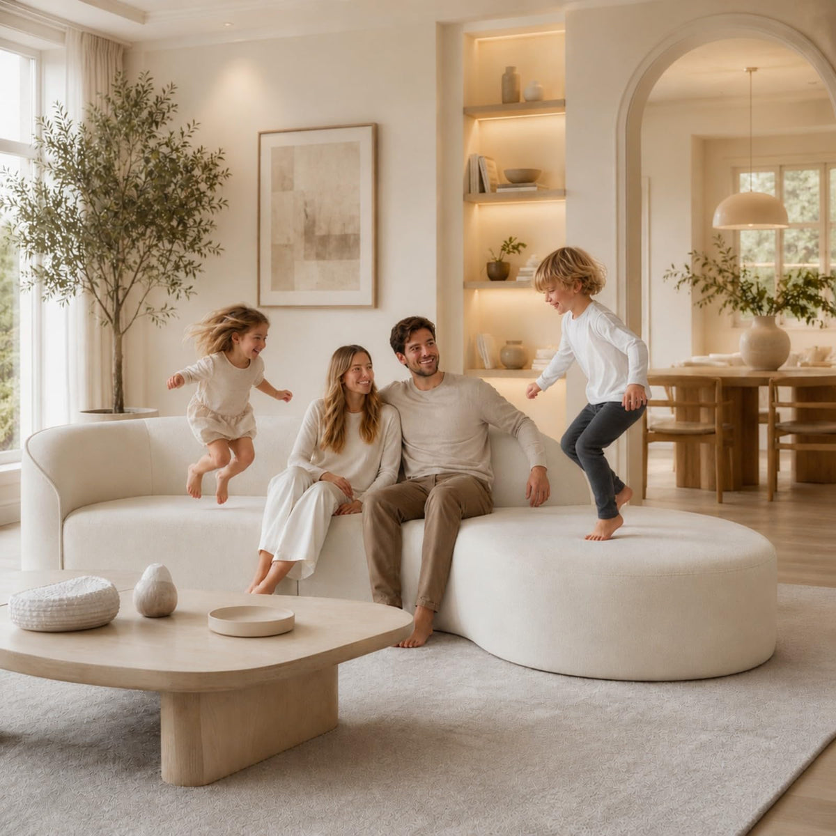 133.8" Oversized Curved Sectional Sofa, Ivory White, Left Chaise