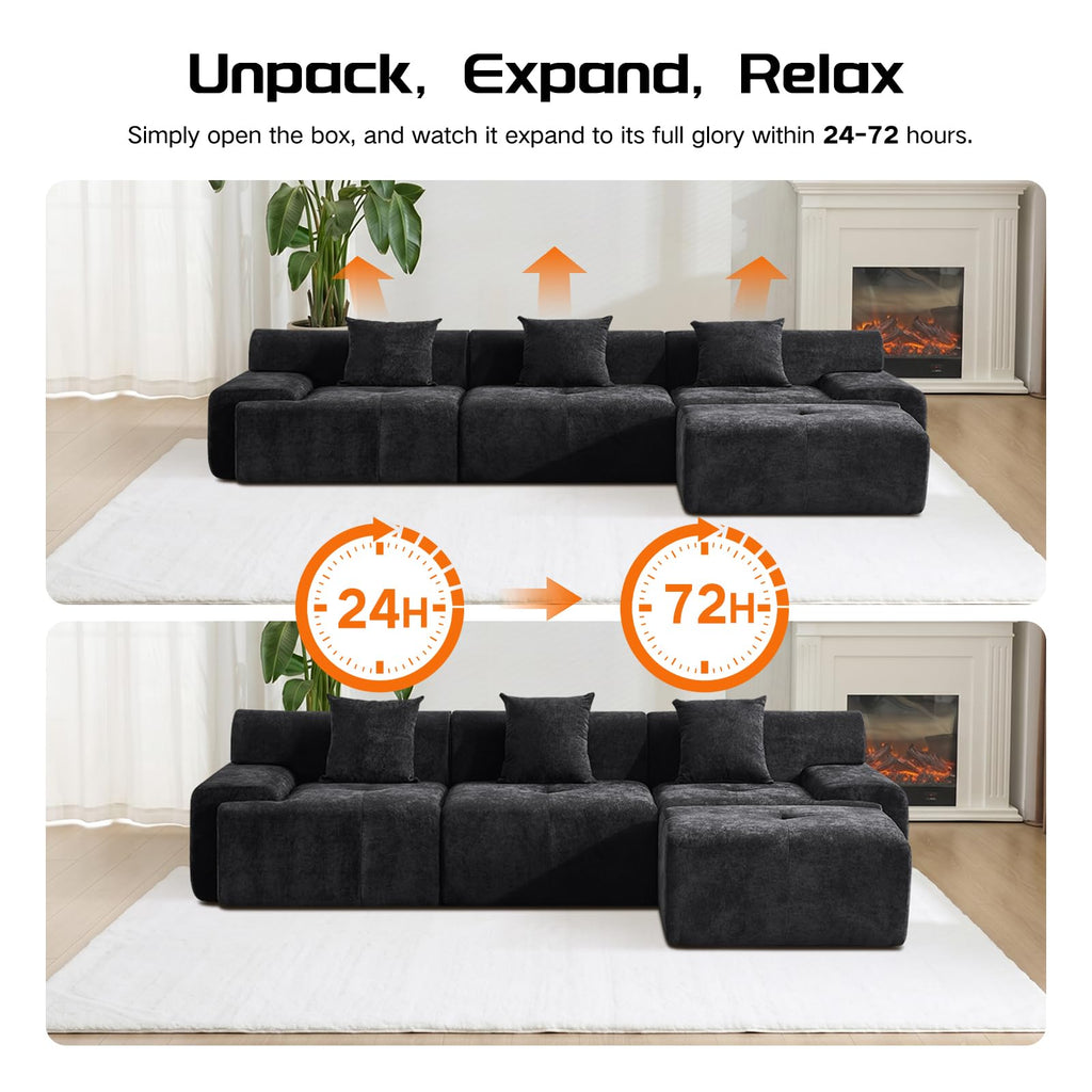 120" Cloud Couch Sectional, Boneless L-Shaped Sofa, Chenille Sofa, Black