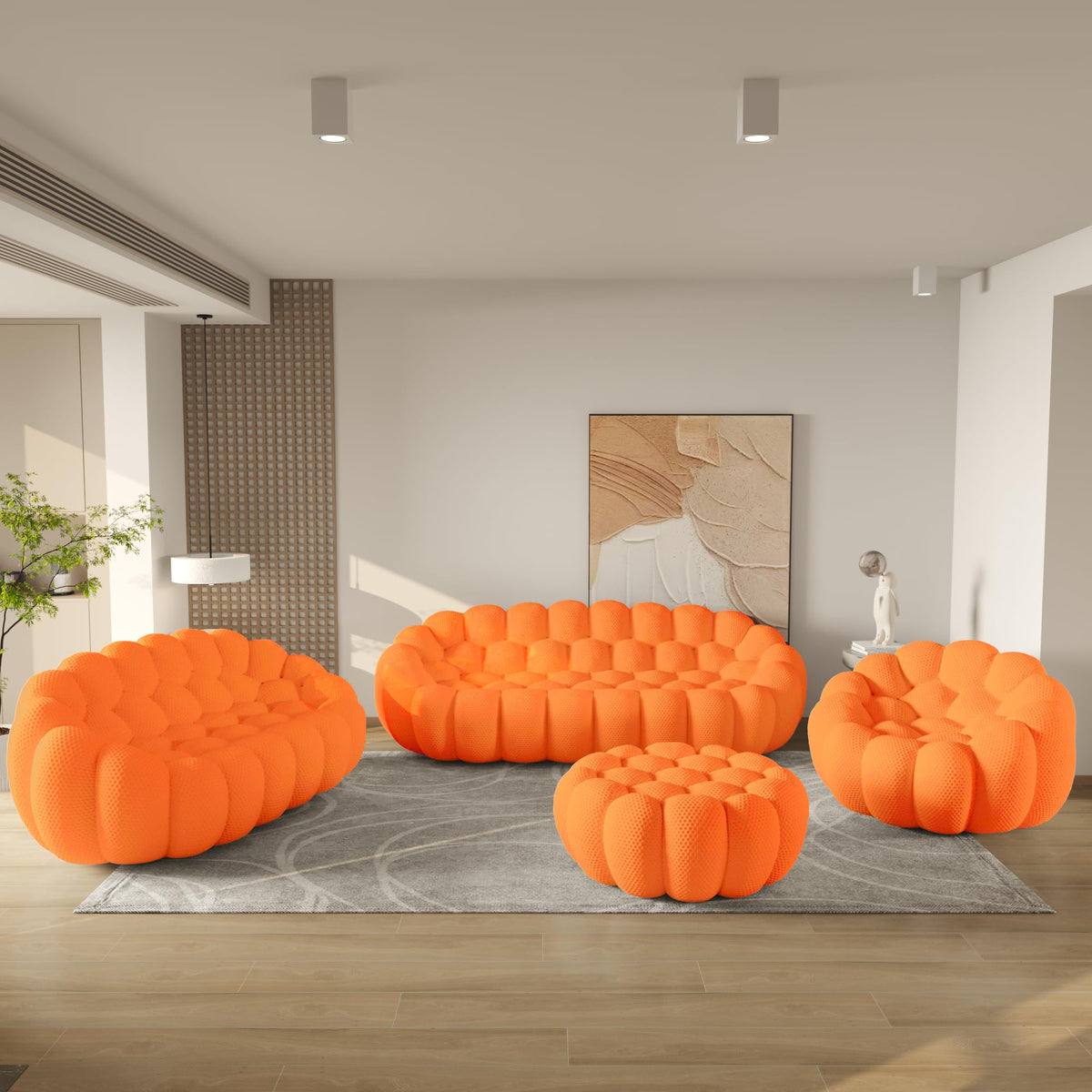 WJShome Modern Bubble Sofa Couch, 79.53" Curved Sofas for Living Room, Boneless Large Bean Bag Chair,Deep Seat Floor Sofas Chair Lounge 3 Seater for Home,Orange