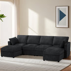 110" Chenille 4 Seats Couch with 2 Ottomans, Black