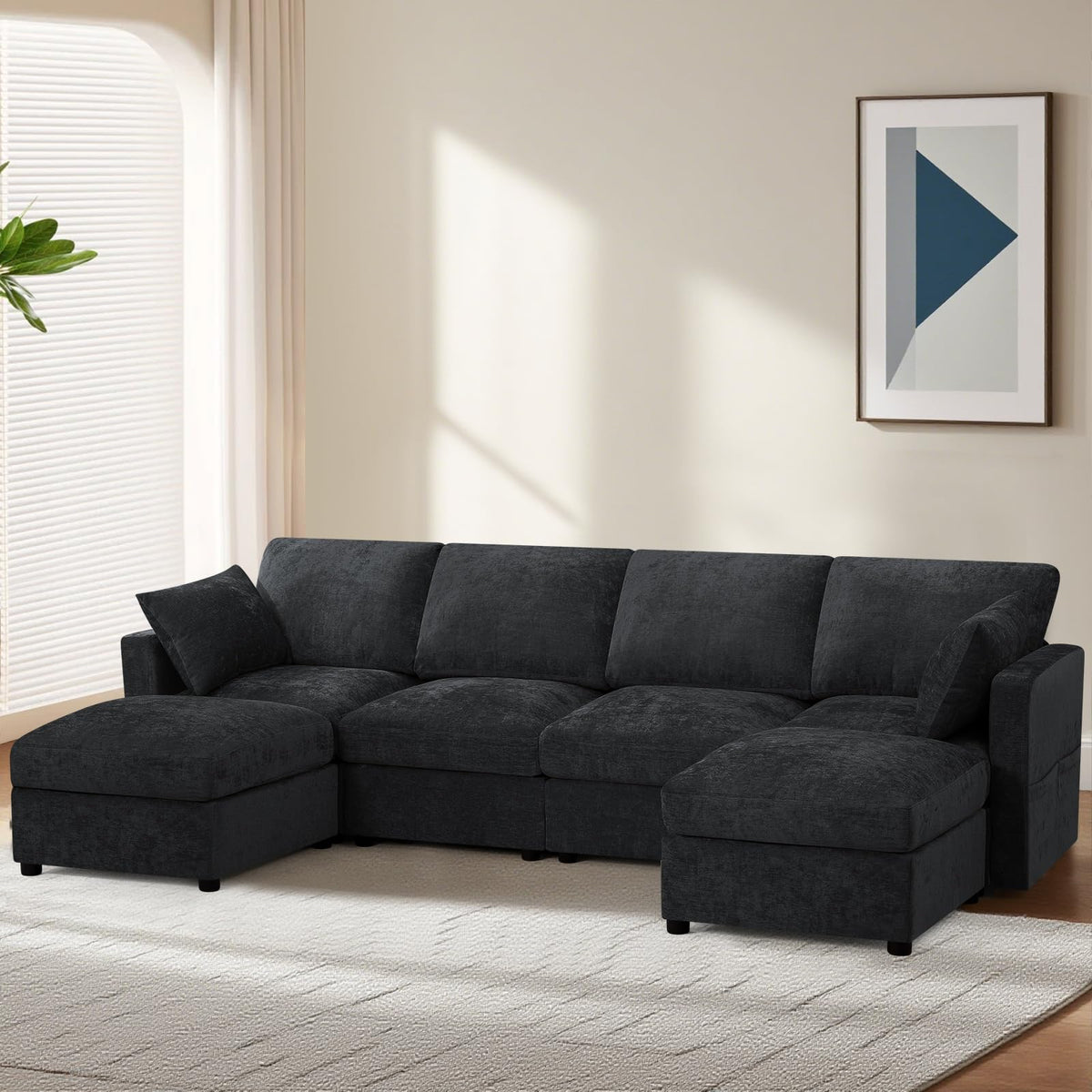 110" Chenille 4 Seats Couch with 2 Ottomans, Black