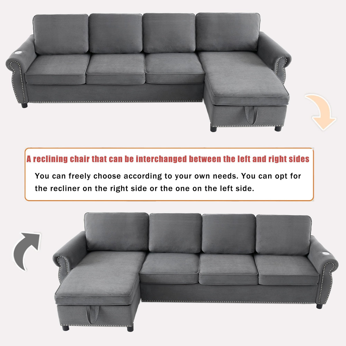 106.5" Pull Out Sofa Bed,L Shaped Modular 4 Seater Couch,2-in-1 Sofa Bed,Wireless Charging, USB Charging Ports,Memory Foam Mattress,Storage Space (Dark Gray)