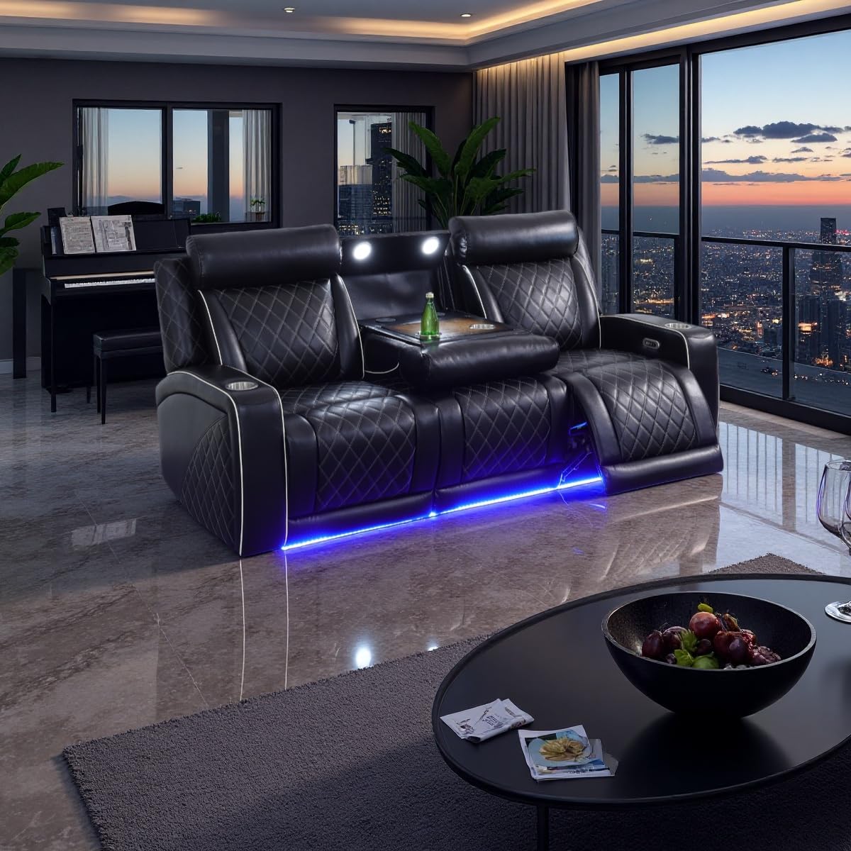 A Ainehome Power Leather Recliner Sofa Set with LED Lights, Recliner Sofa Sectional Couches for Living Room, Reclining Sofa, loveseat, Chair with USB Port/Storage Console/Cup Holder(black,3-piece set)