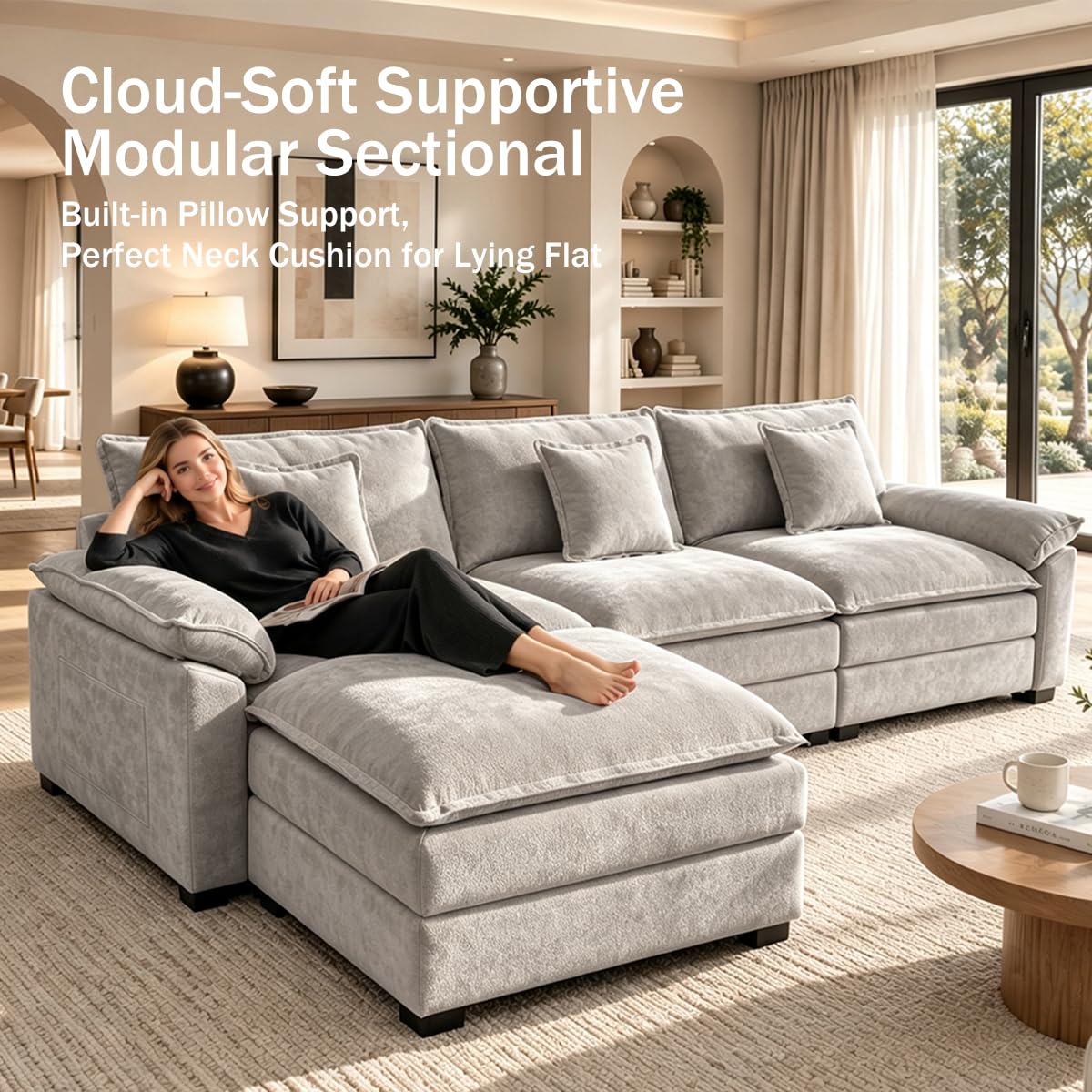 119" Cloud Couch Sectional, L Shaped Modular Sectional Sofa for Living Room, 3 Seater Sofa with 3 Removable Washable Pillows and 1 Ottoman, Light Gray