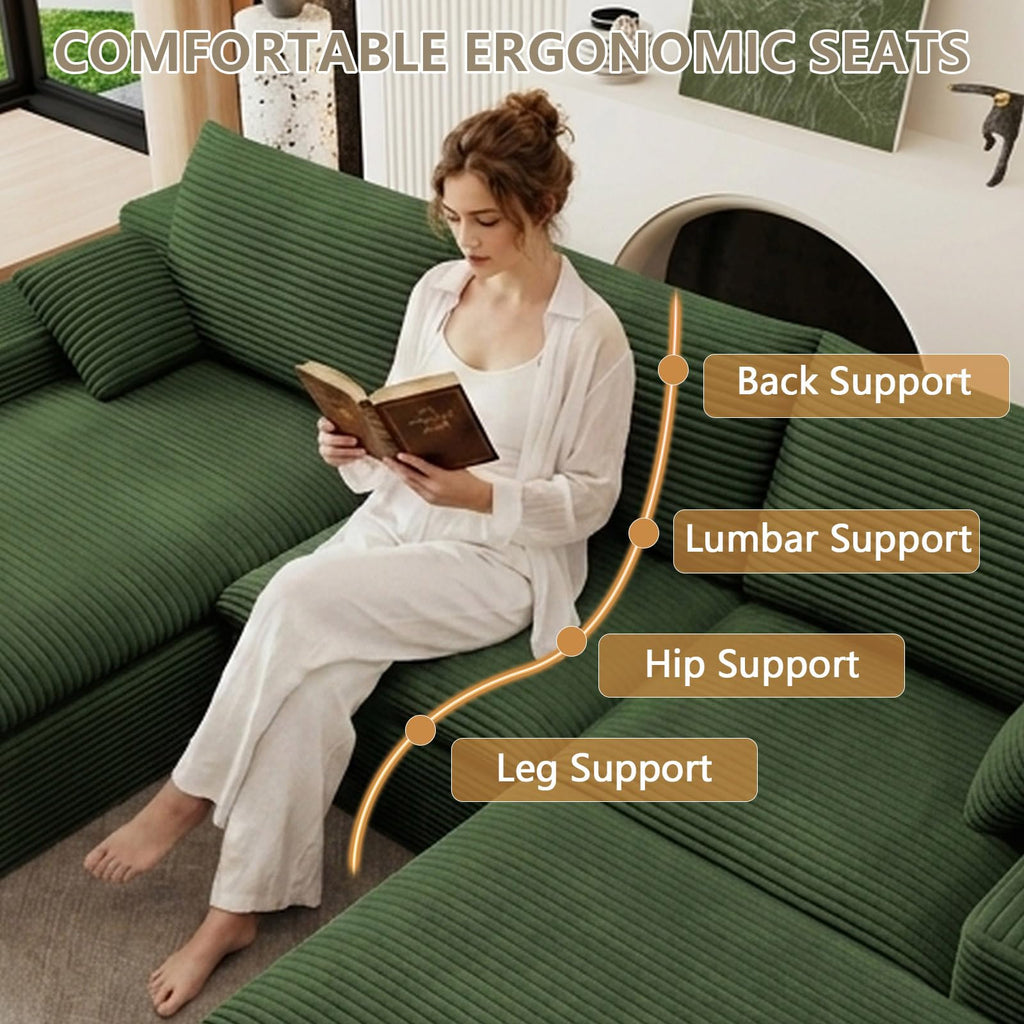 107" Cloud Couch Modular Sectional Couchs with Chaise Lounge, U-Shape Boneless Couches with Ottoman for Living Room, Corduroy Sofa with Deep Seat, No Assembly Required (Green, Left Facing Chaise)
