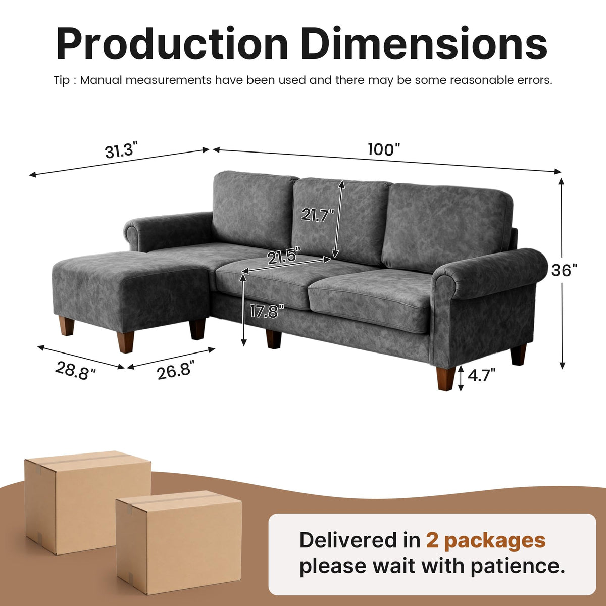 100" Modular Sectional Sofa, L-Shaped Velvet Couch for Small Spaces