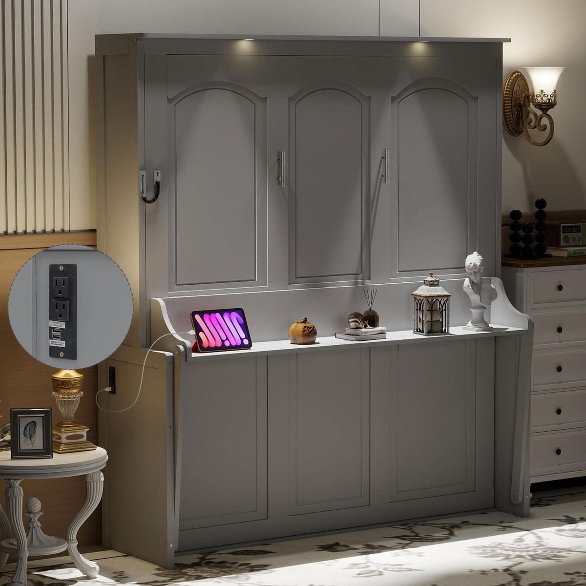 Wood Murphy Bed with Sofa, 4 Storage Shelves and USB Charging Station
