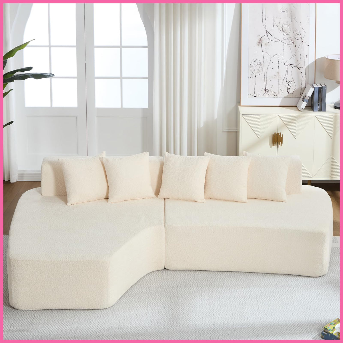 110.2" Minimalist Couches Sleeper with 5 Pillows and Comfy Chaise Irregular L-Shaped Compression Modular Sectional Sofa with Deep Seats for Living Room Apartment Lounge, Ivory