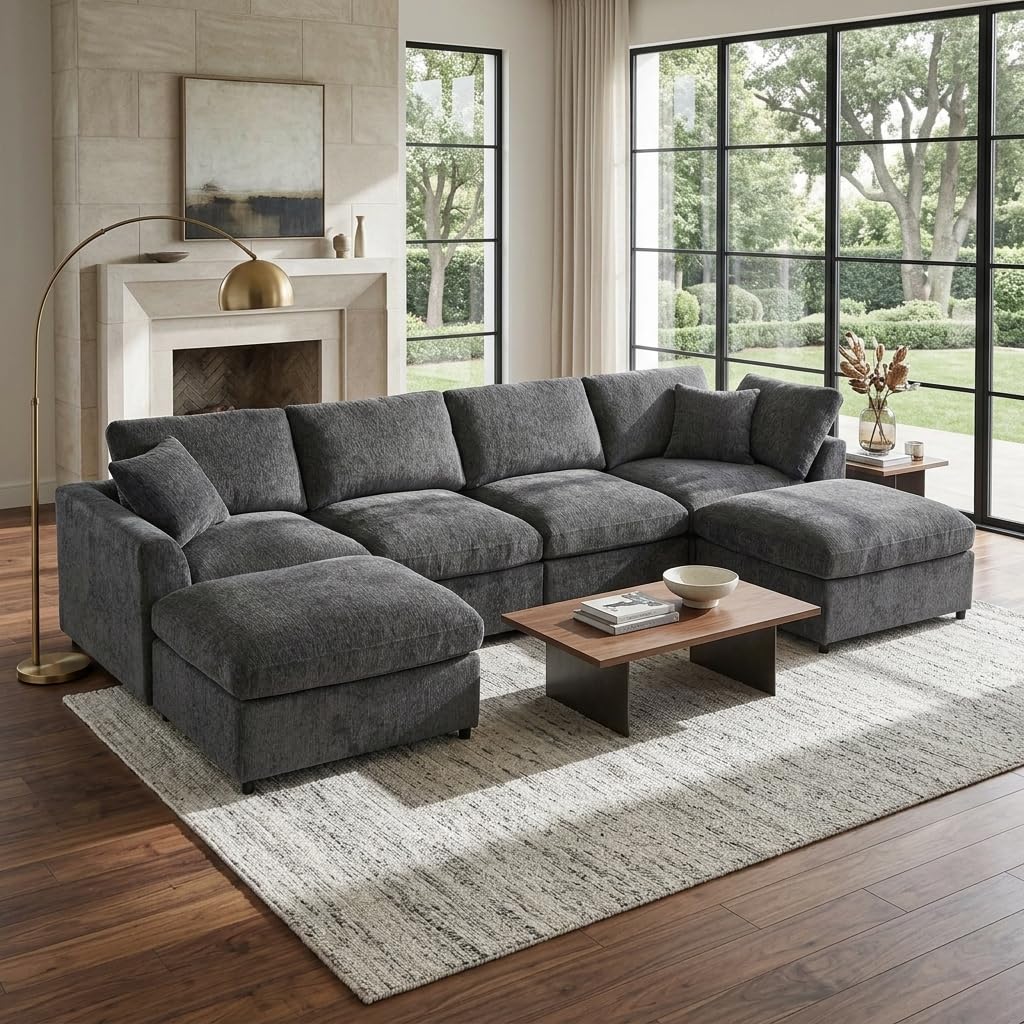 Virubi 130.3" 6-Seater Modular Sectional Sofa, Chenille Upholstered Couch with Solid Wood Frame, 2 Movable Ottomans, Includes 1 Throw Pillow, Deep Seat Modern Sofa Set for Living Room and Apartment