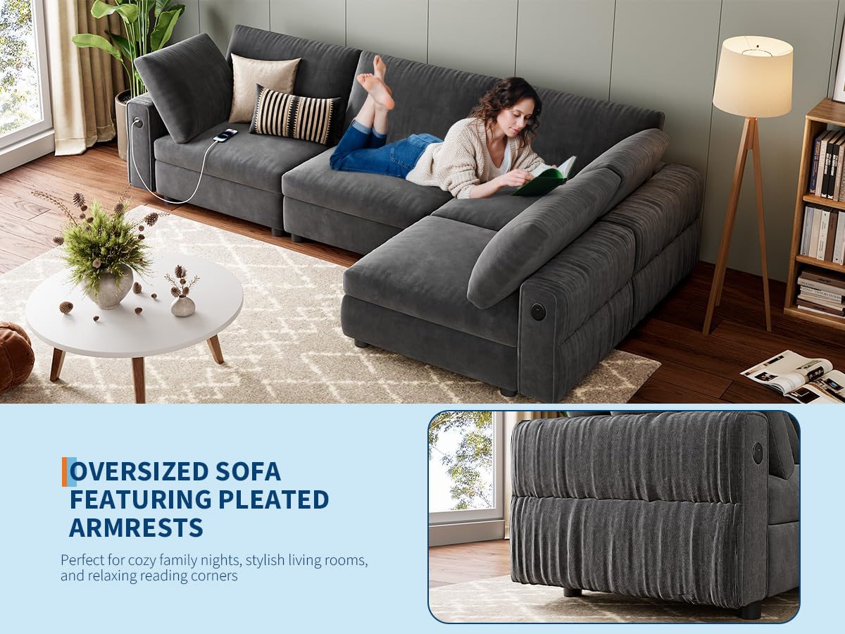 106" L-Shaped Modern Sofa Modular Sectional Cloud Couch with Charging Station, Convertible Sectional Sofa Sleeper Bed with USB/Type-C Port, Removble Chaise Sofa for Living Room, Apartment, Grey Velvet