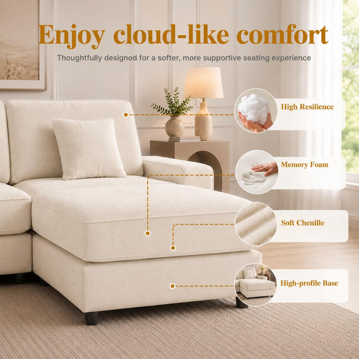 Vipbear 148" Modular Sectional U Shaped Sofa Couches,for Living Room,Oversized Cloud Couch with Movable Ottoman,Comfy Chenille Sofa with Pillow,Side Pockets,Bedroom,Apartment,Beige