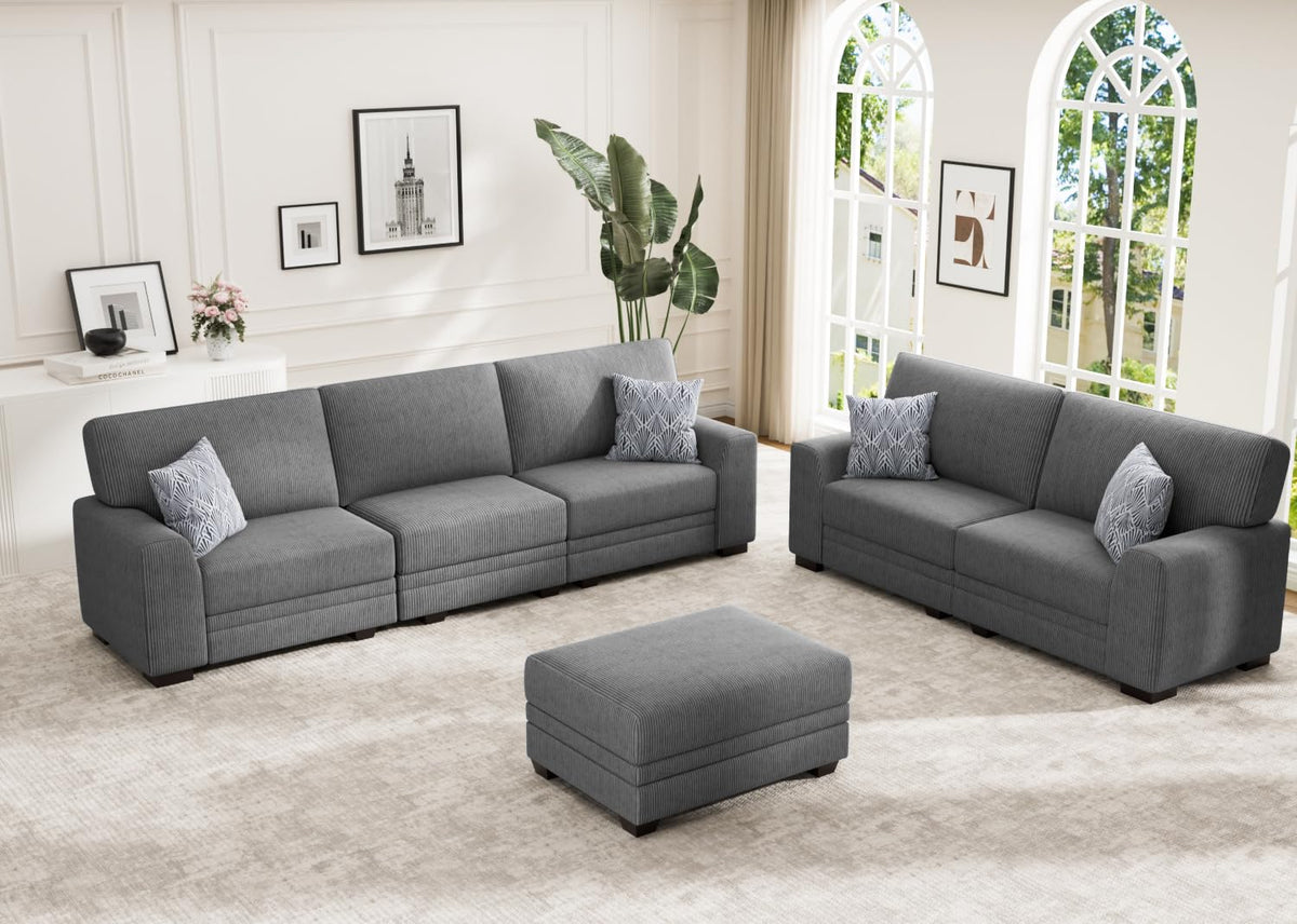 Wanderwell Oversized Modular Sectional Sofa, 6-Seater U Shaped Couches with Movable Ottoman,Corduroy Sectional Couch with Wide and Deep Seats Suitable for Living Room,Bedroom,Apartment (Olive, L-7)