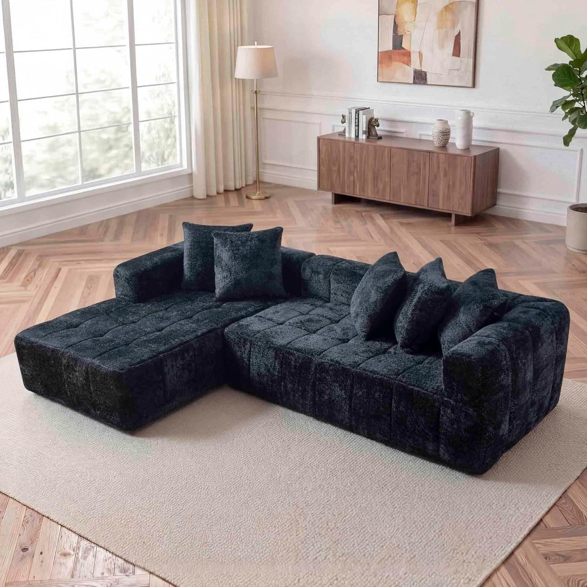 108 Inch Oversized Modular Sectional Sofa, L-Shaped Floor Couch with Extra Deep Seats, Modern Minimalist Upholstered Sofa, No Assembly Sofa Couch for Living Room, Bedroom, Apartment (Right-White)