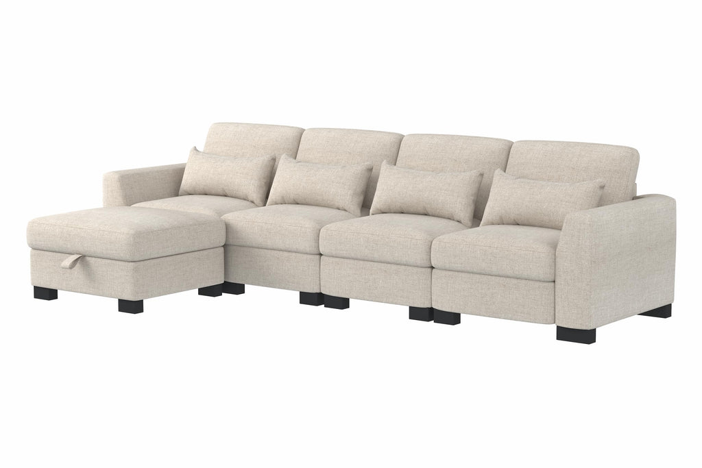 130" Beige Modular L Shaped Sofa with Storage Ottoman Spring Pack Cushion, Solid Wood Frame, Combination Design PU889