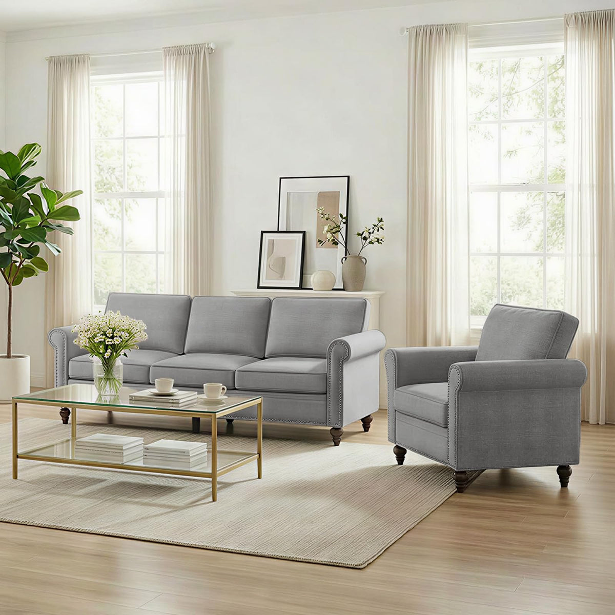 Living Room Sofa Sets 3 Piece, Modern 3 Seater Sofa and Loveseat Couch and Armchair Sets, Linen Fabric 3-Seat + 2-Seat Couch+ Single Accent Chair Furniture Sets
