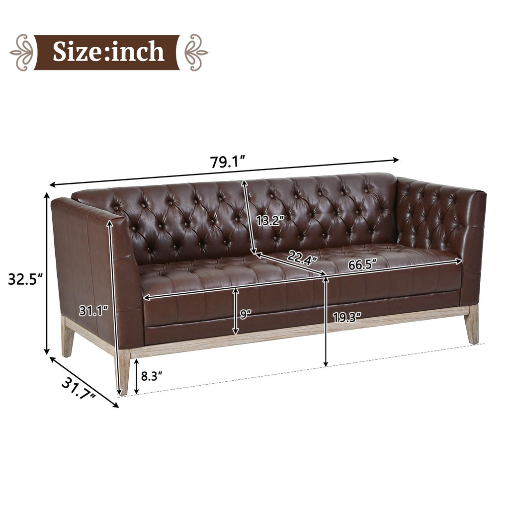 ZenithX 79.1" 3‑Seater Faux Leather Sofa, Mid‑Century Modern Chesterfield Couch with Button Tufted, PU Upholstery & Solid Pine Wood Legs, Vintage Sofa for Living Room, Apartment, Office