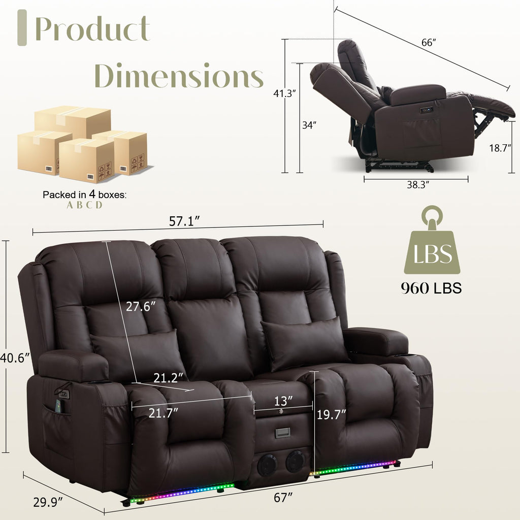 TUNYI Power Loveseat Recliner Sofa, Faux Leather Reclining Sofa with Console RV Reclining Loveseat Couch with USB/Outlet/Storage/Side Pocket/LED Light/Speaker (Brown, Loveseat)