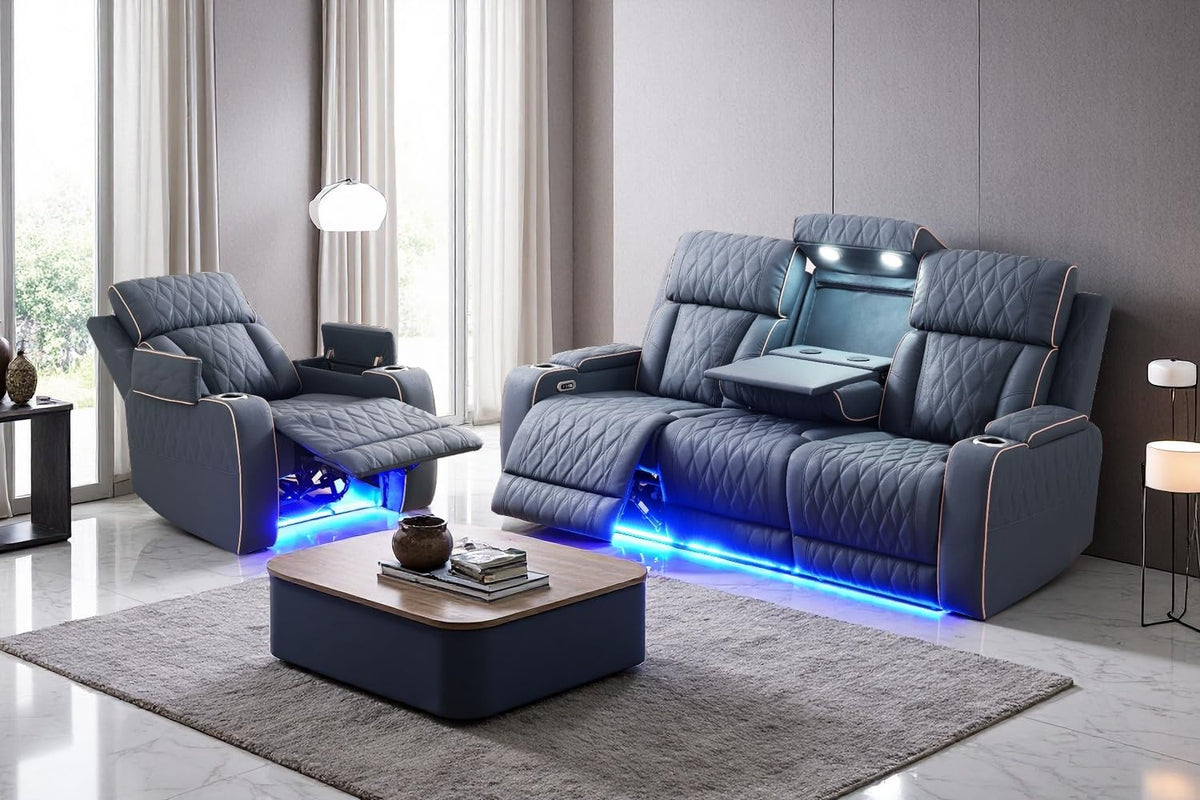 A Ainehome Power Leather Recliner Sofa Set with LED Lights, Recliner Sofa Sectional Couches for Living Room, Reclining Sofa, loveseat, Chair with USB Port/Storage Console/Cup Holder(black,3-piece set)