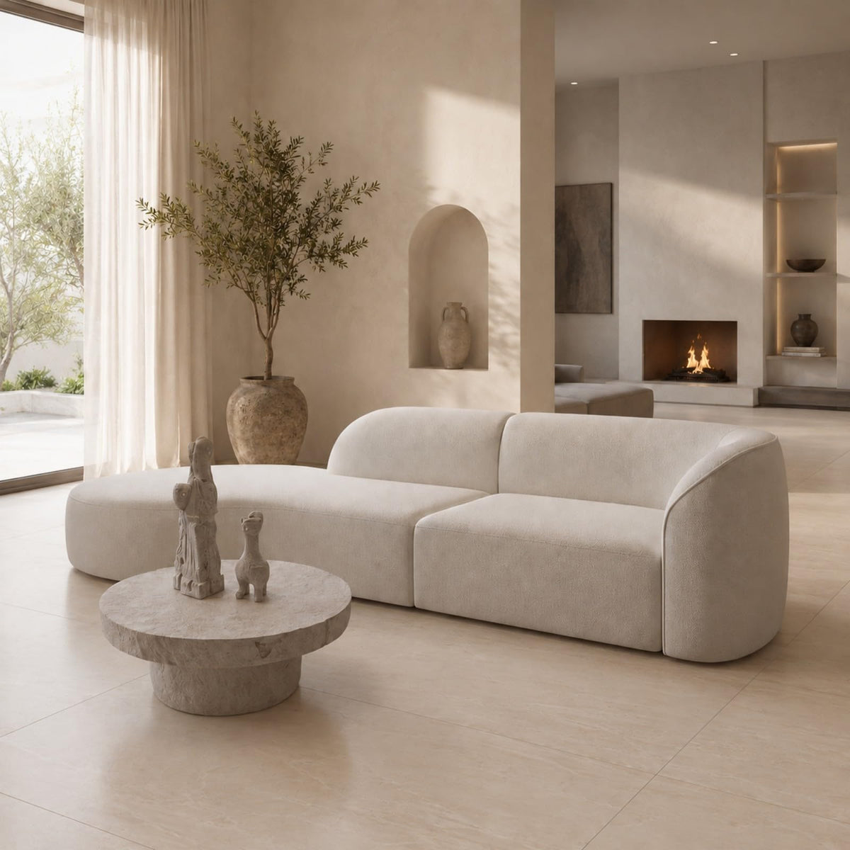 133.8" Oversized Curved Sectional Sofa, Ivory White, Left Chaise