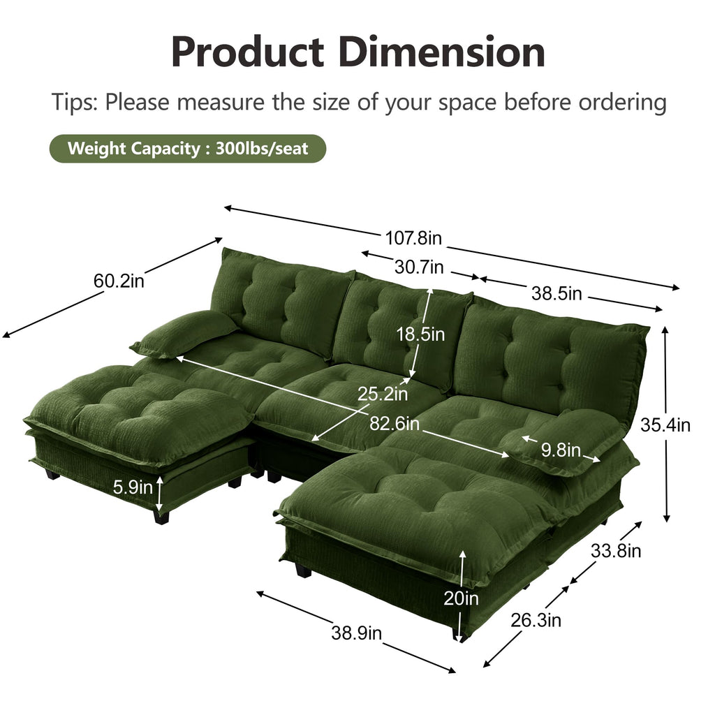 108" U Shaped Modular Sectional Sofa Couches for Living Room, Cloud Couch with Movable Ottomans, Comfy Chenille Sofa with Pillow-top Armrest for Bedroom Apartment