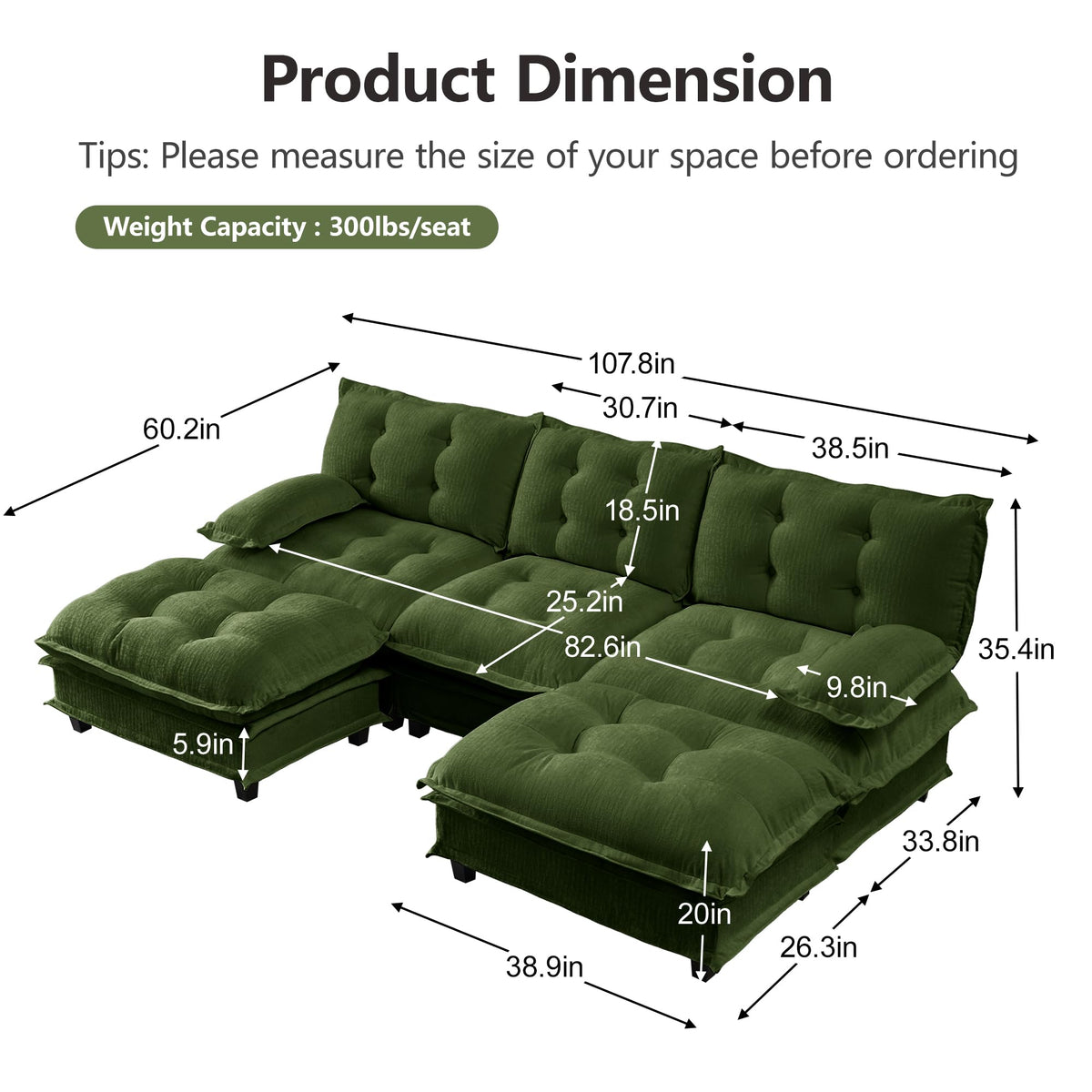108" U Shaped Modular Sectional Sofa Couches for Living Room, Cloud Couch with Movable Ottomans, Comfy Chenille Sofa with Pillow-top Armrest for Bedroom Apartment