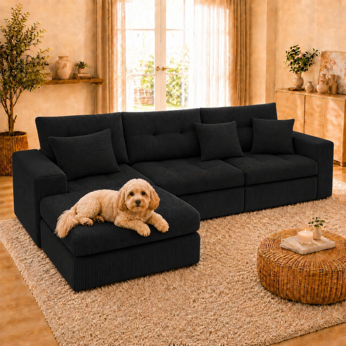 113.4 in Modular Corduroy Sectional Sofa, Green