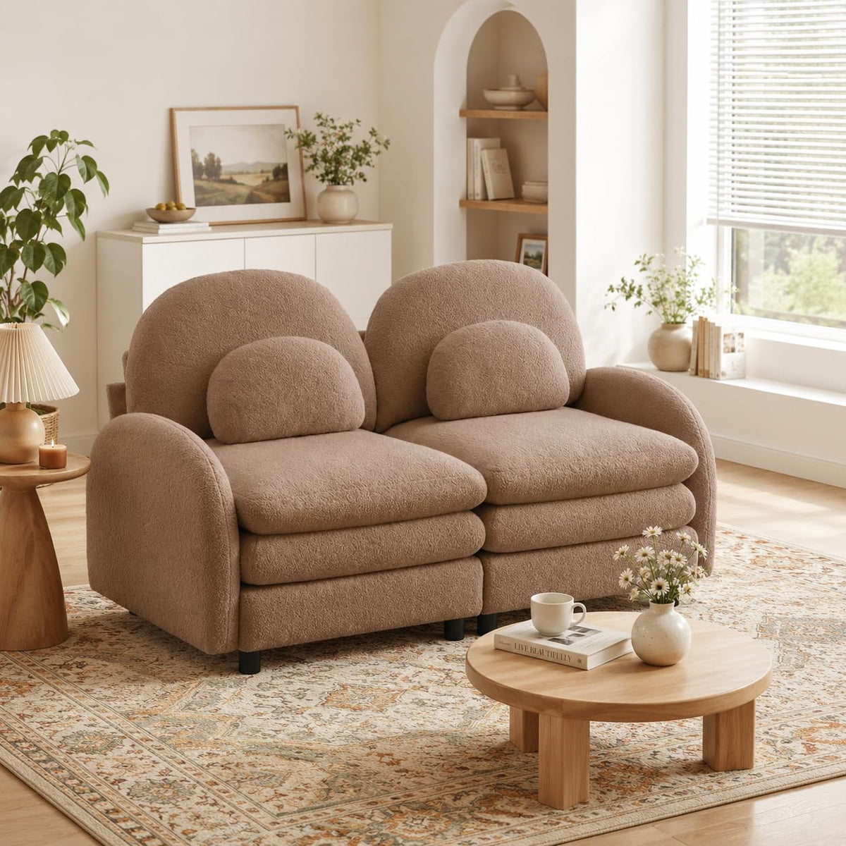 Teddy Fleece 3-Seat Modular Sofa with Curved Back and Double Cushions
