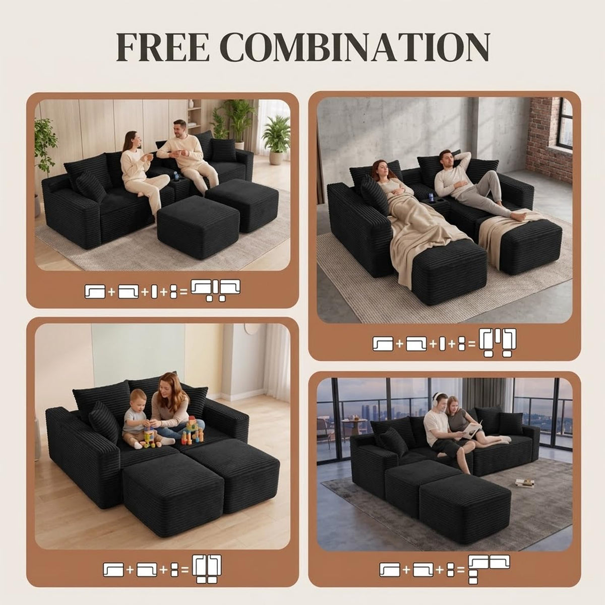 127" U-Shaped Cloud Sectional Modular Boneless Couch with Console，Black
